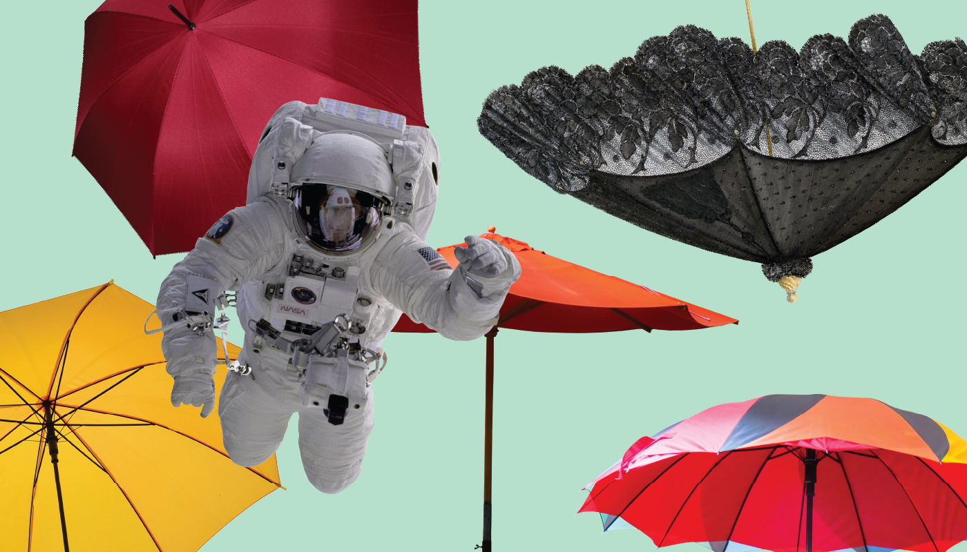 collage with symbols of umbrellas, umbrellas, umbrellas and an astronaut drifting through them